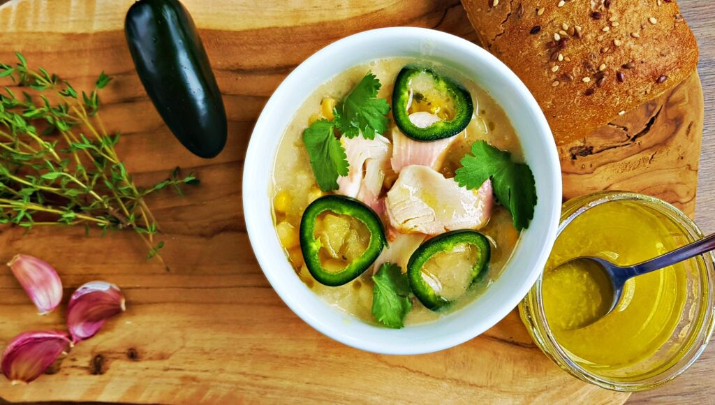 chowder with a trout fillet