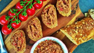 eggplant appetizer with onion and tomatoes