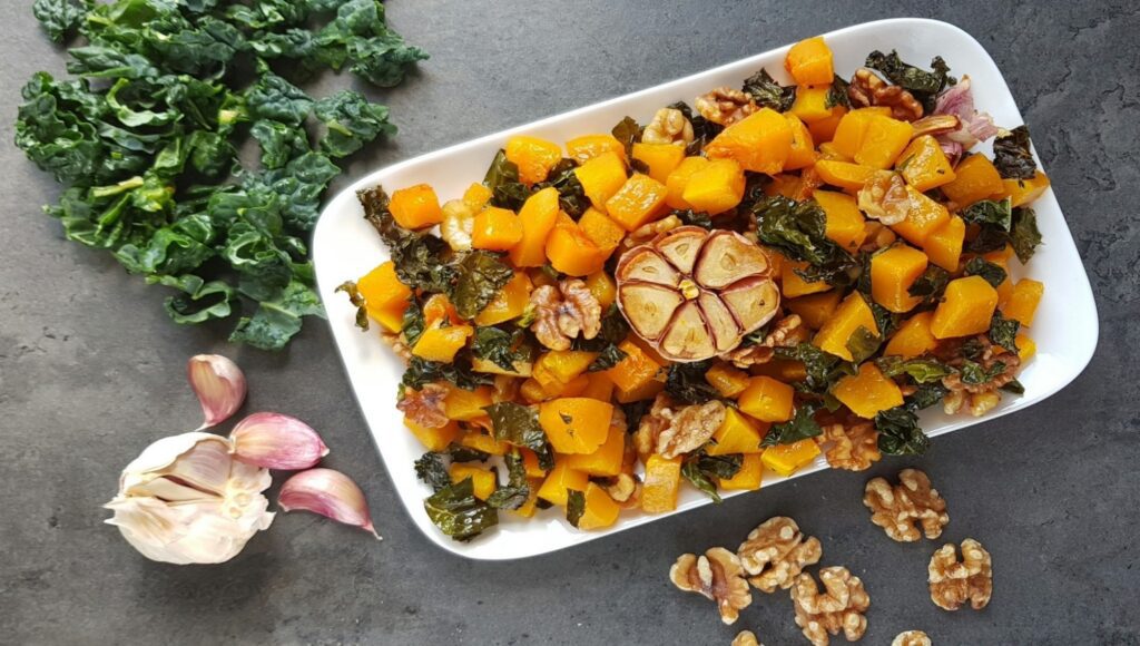 roasted butternut squash with kale and walnuts