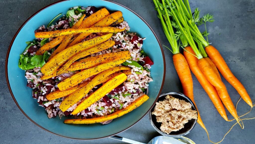 rice salad with roasted carrot and beetroot