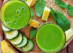 green smoothie, cucumber, pineapple, banana, baby spinach and hemp seeds