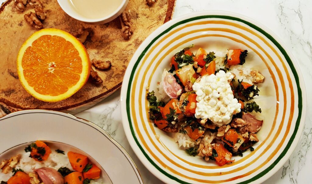 rice with roasted pumpkin and cottage cheese