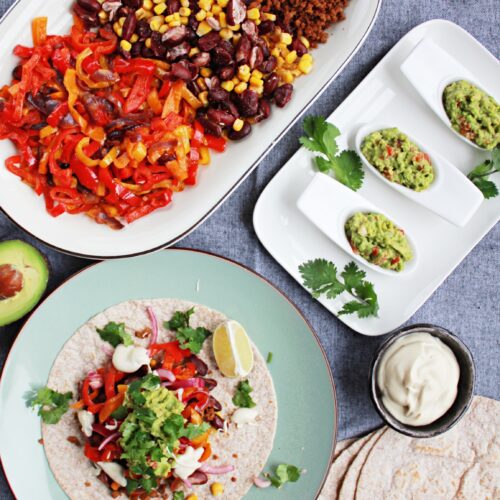 Wraps with roasted bell pepper, kidney beans,vegan minced meat, and avocado