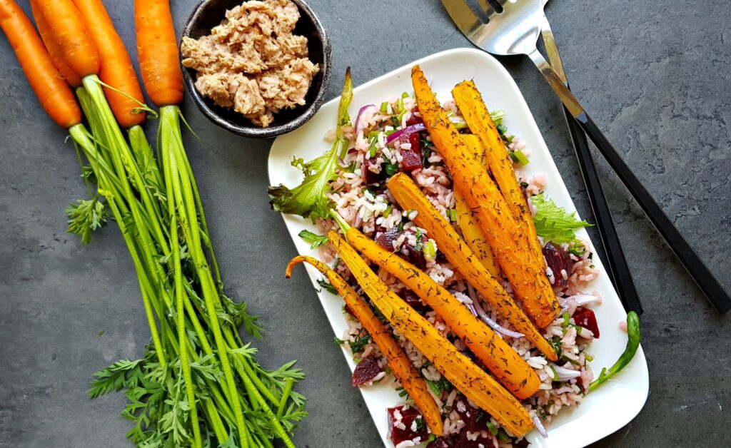 rice salad with roasted carrot and beetroot 