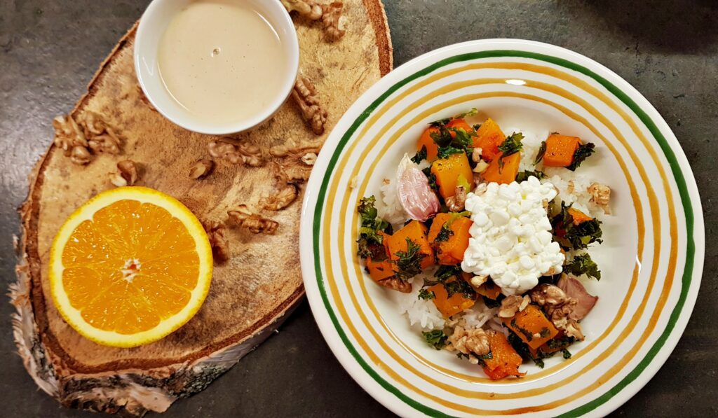 rice with roasted pumpkin, and cottage cheese