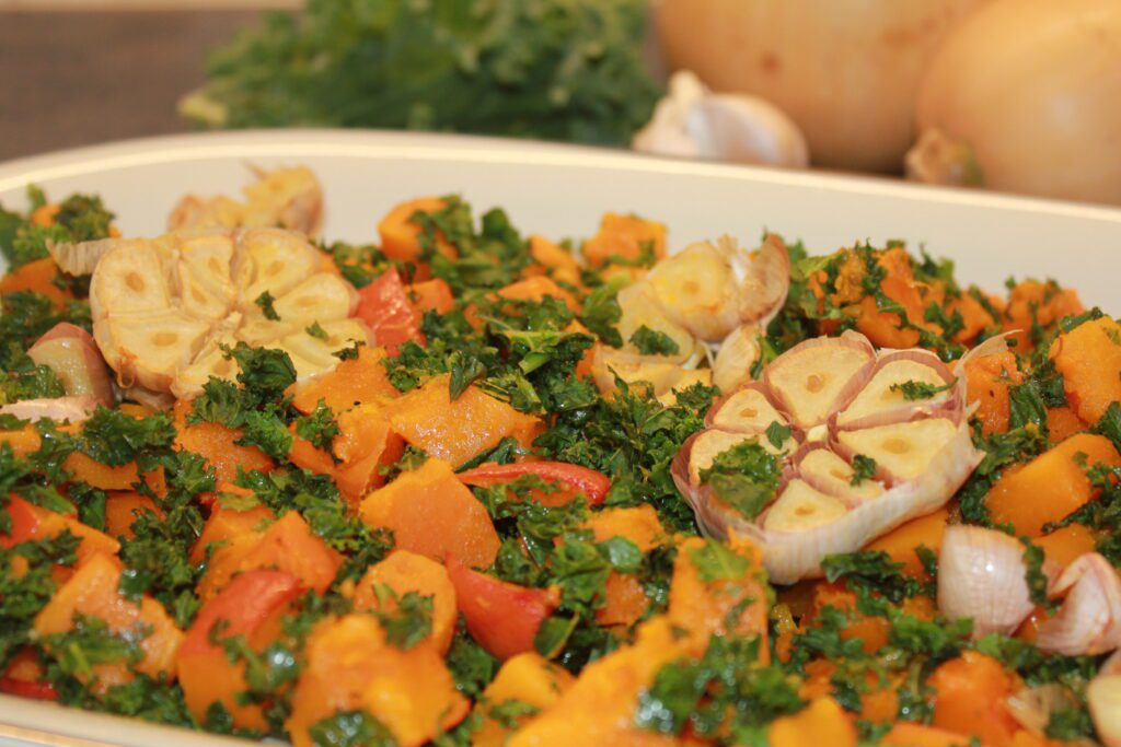 roasted butternut squash with kale and walnuts