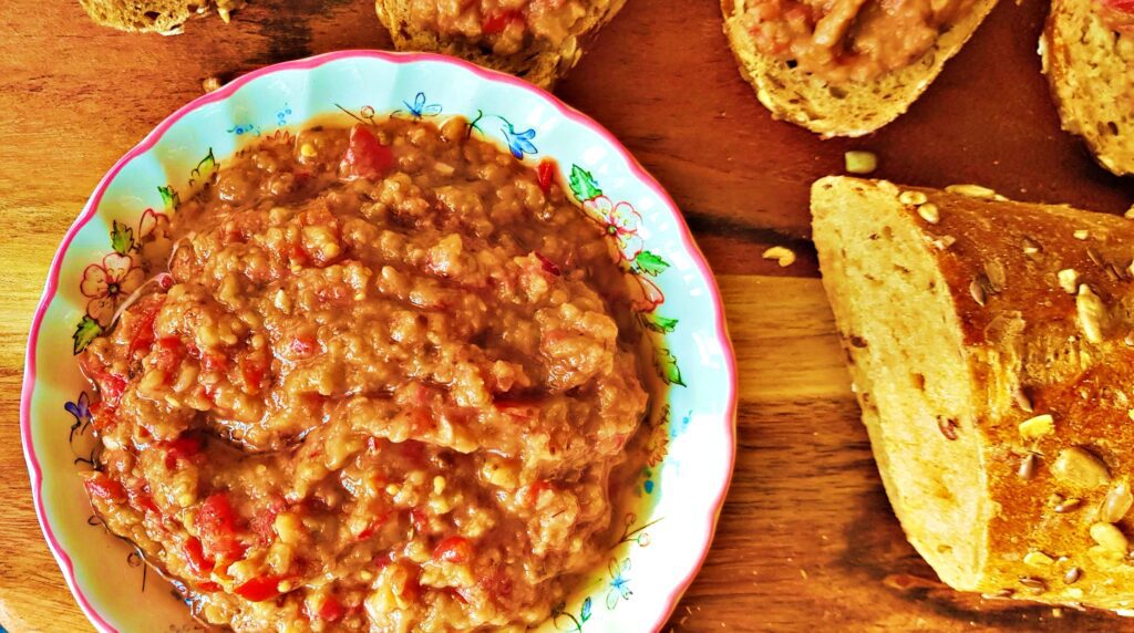 eggplant spread with tomatoes and red onion