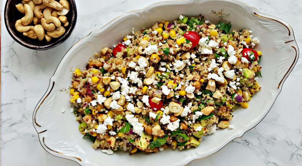 quinoa salad with chickpeas, feta cheese and cashew