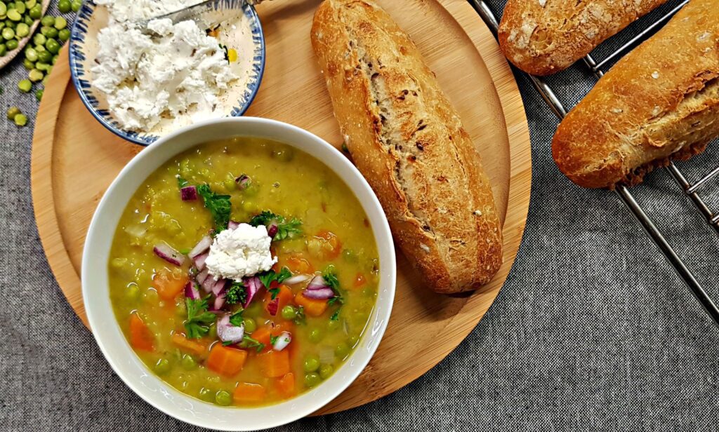 split pea soup with goat cheese