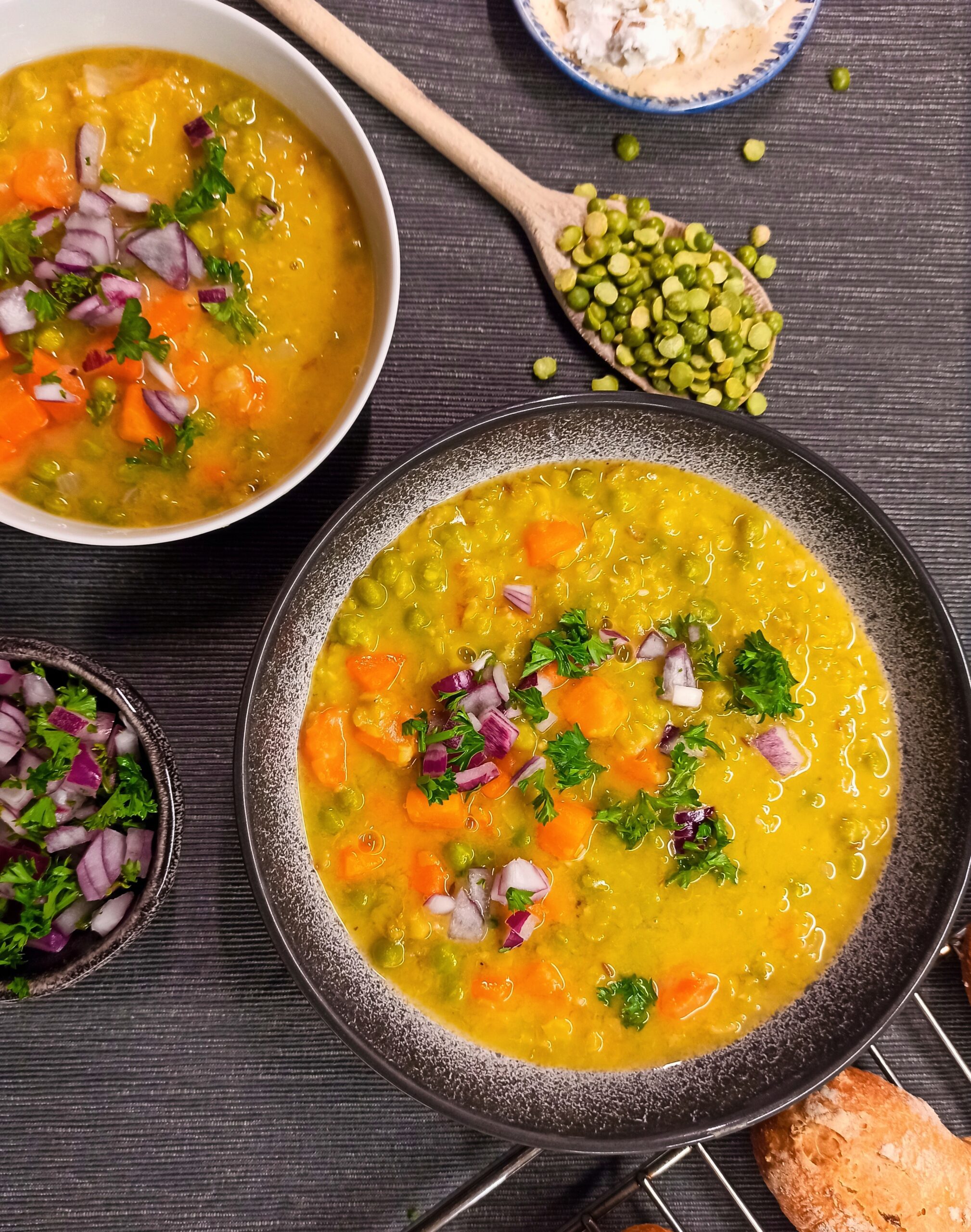 split pea soup with goat cheese