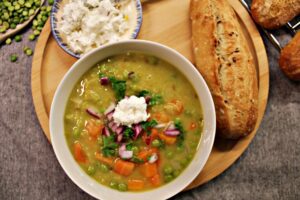 split pea soup with goat cheese