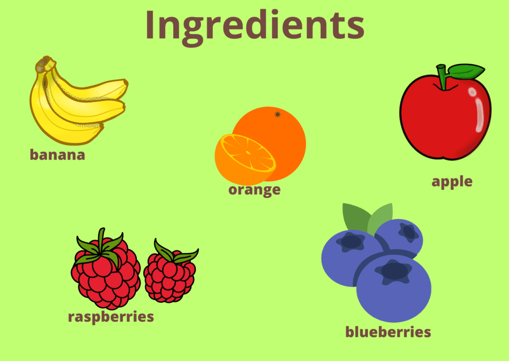 apple, banana, orange, raspberries, blueberries