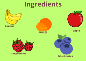 apple, banana, orange, raspberries, blueberries