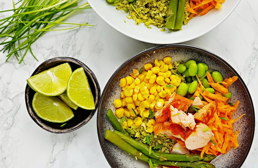 broccoli rice with salmon, green asparagus, soybeans, and sweet corn