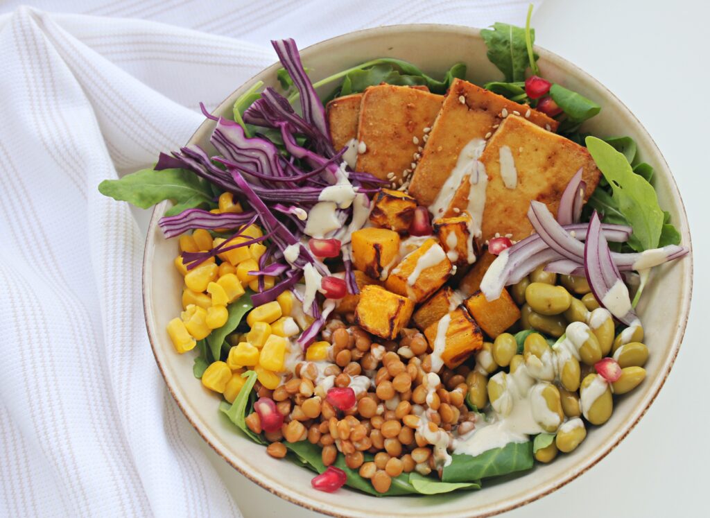 plant power bowl: tofu, edamame, sweet corn, red onion, purple cabbage, pumpkin, lentils, tahini