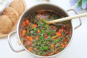 tomato soup with spinach and brown lentils