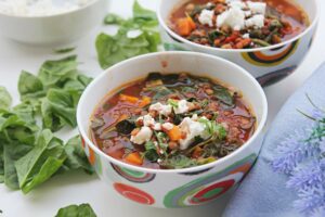 tomato soup with spinach and brown lentils