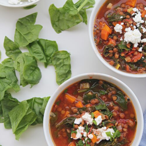 tomato soup with spinach and brown lentils