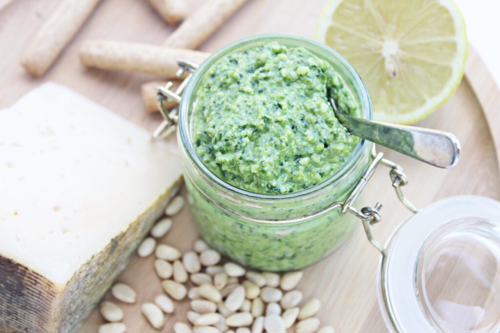 goat cheese pesto: pinenuts, goat cheese, fresh basil, garlic, salt, extra virgin olive oil and lemon juice