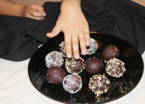 energy balls: almond flour, dates, cocoa, nut butter, walnuts