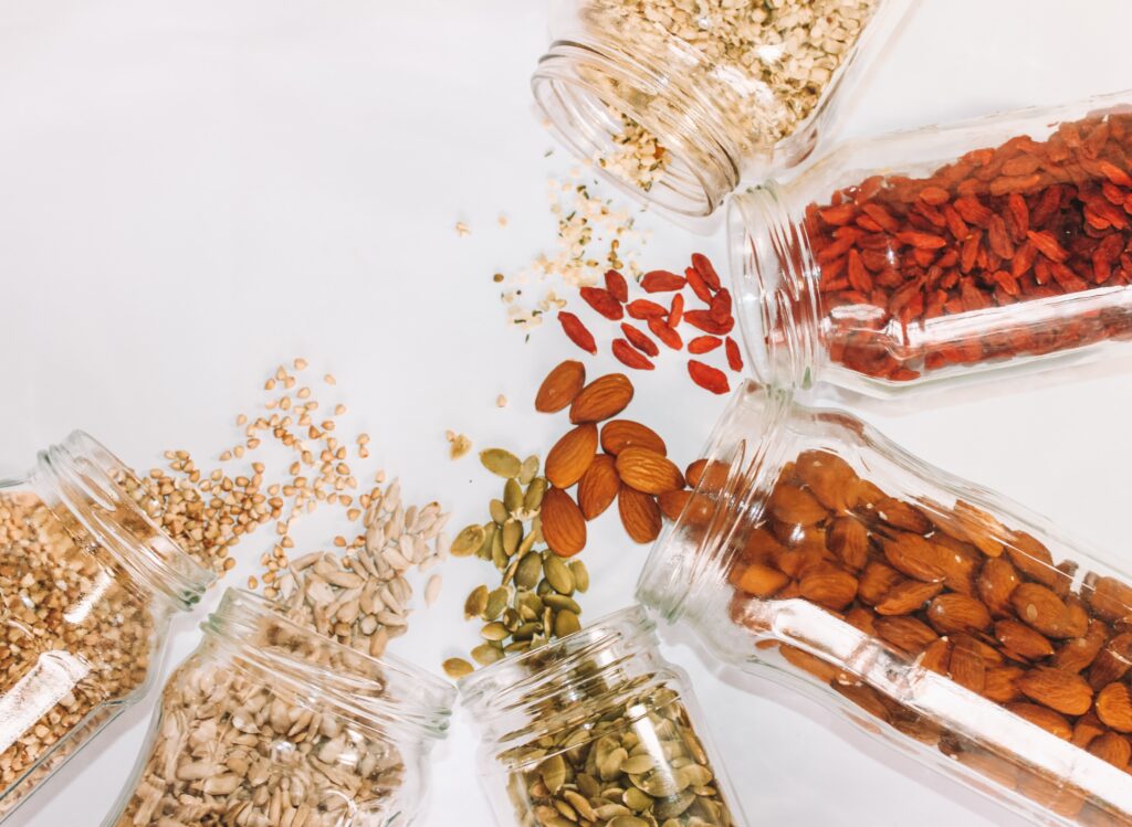 superfoods: goji berries, pumpkin seeds, almonds, buckwheat