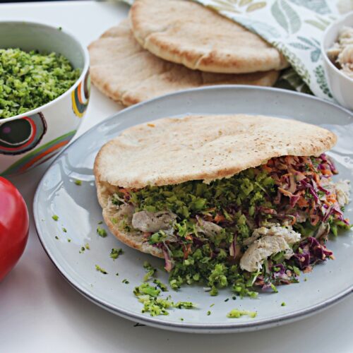 pitta bread with chicken and coleslaw