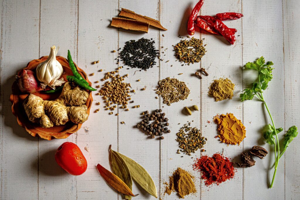 spices: curcuma, cumin seeds, paprika, fennel seeds, ginger