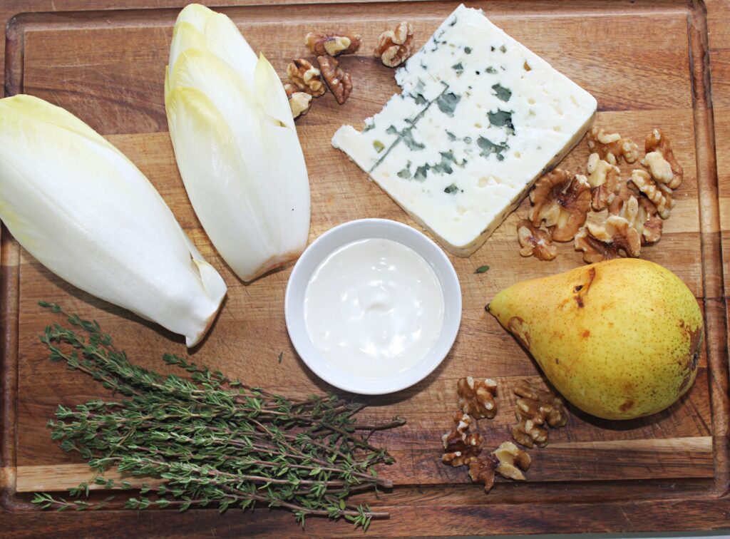 walnuts, pear, fresh thyme, Roquefort cheese, creme fraiche