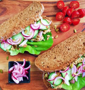 chickpea sandwich with pickled red onion