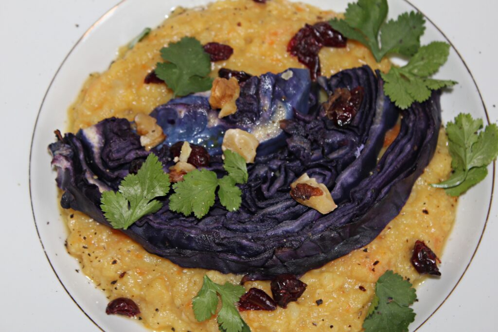 red lentil puree with roasted red cabbage and cranberries