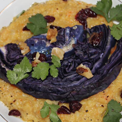 red lentil puree with roasted red cabbage and cranberries