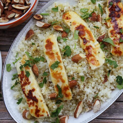 cauliflower rice with grilled halloumi