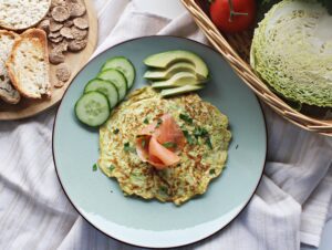 cabbage omelet with smoked salmon and avocado