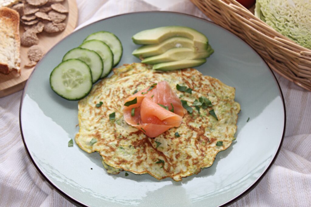 cabbage omelet with smoked salmon and avocado