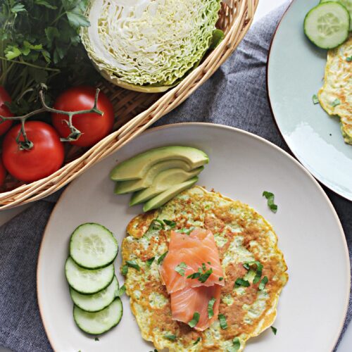 cabbage omelet with smoked salmon and avocado