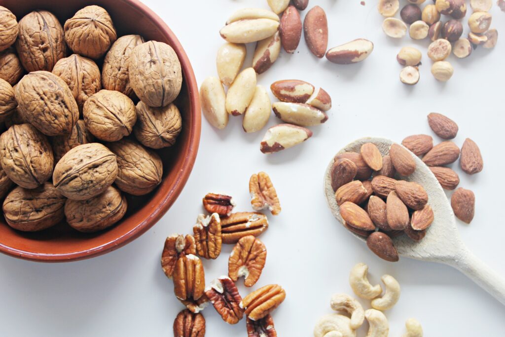 nuts: walnuts, almonds, cashew nuts, pecans, hazelnuts