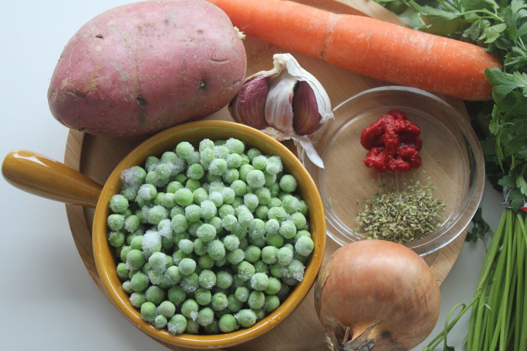 green peas, carrot, potato, onion, green onion, tomato