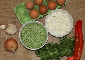 eggs, green peas, feta cheese, onion, garlic, bell pepper, fresh parsley