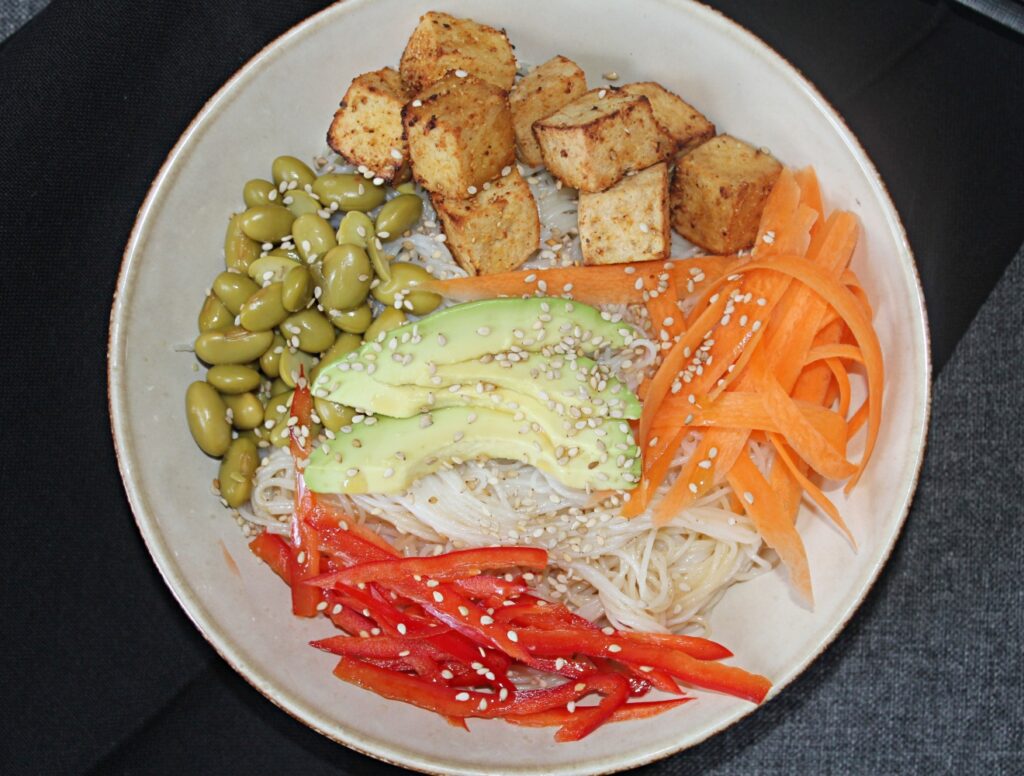 vegan buddha bowl with rice noodles and tofu