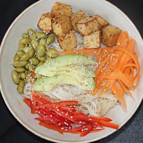 vegan buddha bowl with rice noodles and tofu