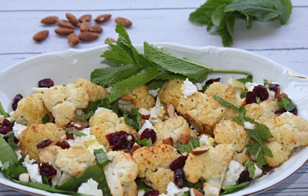 roasted cauliflower salad with goat cheese and almonds