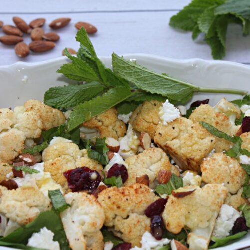 roasted cauliflower salad with goat cheese and almonds