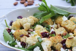 roasted cauliflower salad with goat cheese and almonds