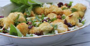 roasted cauliflower salad with goat cheese and almonds