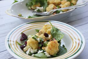 roasted cauliflower salad with goat cheese and almonds