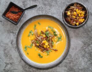 pumpkin soup with wild mushrooms and crispy