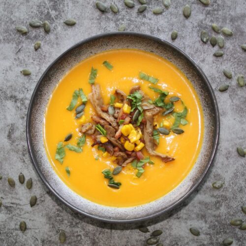 pumpkin soup with wild mushrooms and crispy bacon