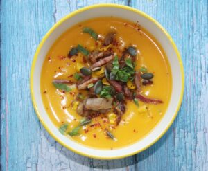 pumpkin soup with wild mushrooms and crispy