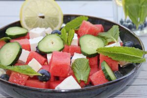 watermelon salad with blueberries and feta