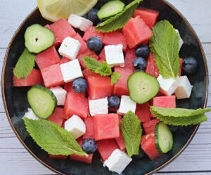 watermelon salad with blueberries and feta